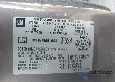 2007 GMC Sierra 1500 Sle1/Sle2/Slt/Work Truck from USA, damaged, VIN 2GTEK13M871535001